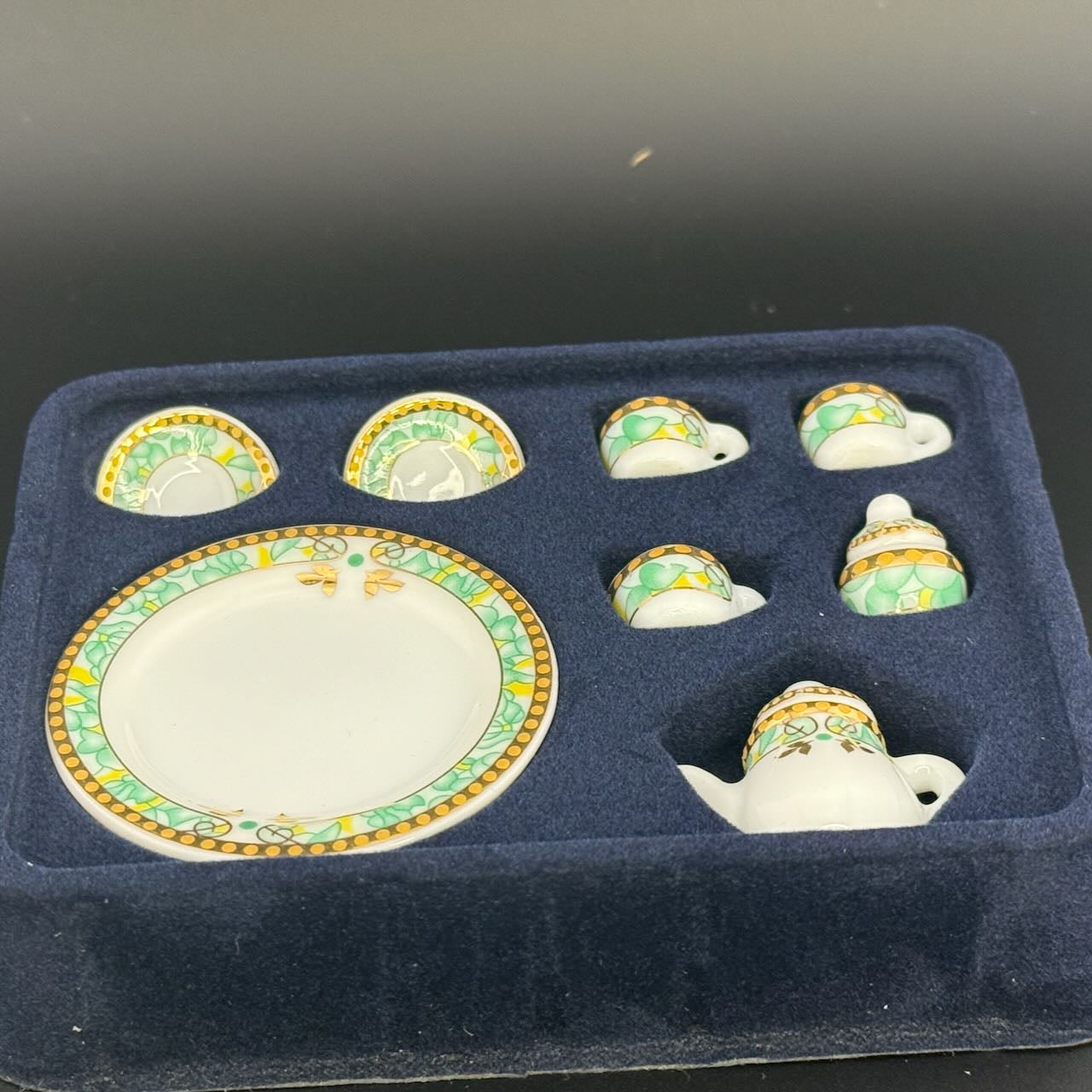 Green with Gold Trim Economical 1:6 Scale Miniature Porcelain Tea Set – Teapot, Large Serving Plate, 2 Cups, Saucers, Sugar Bowl & Creamer