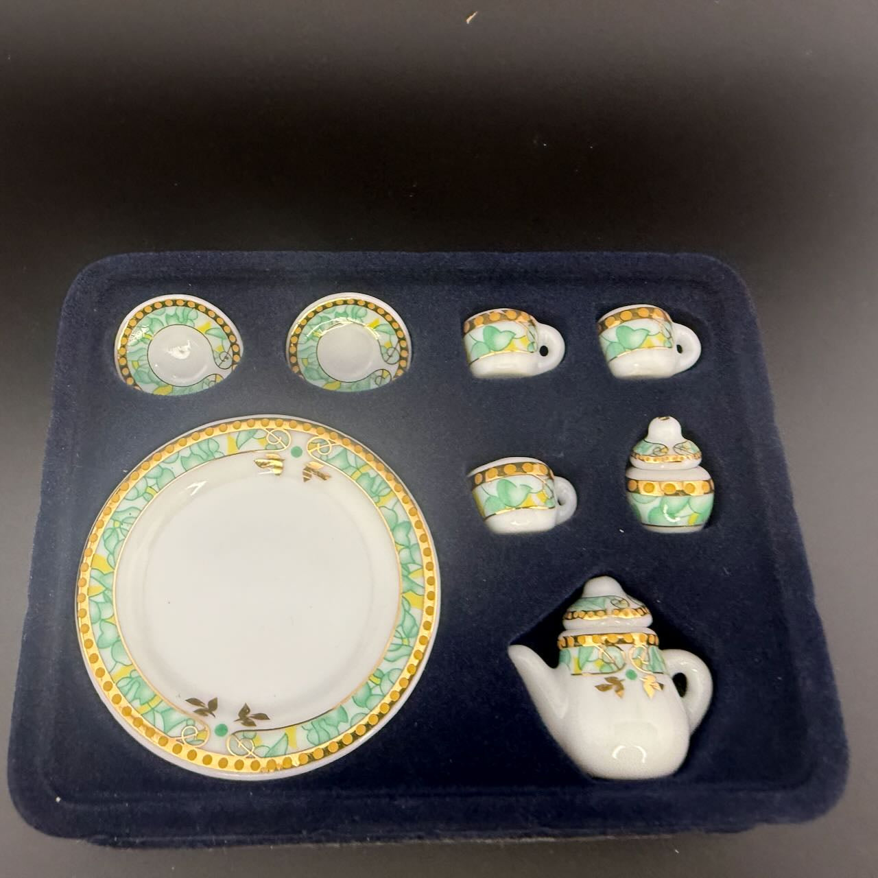 Green with Gold Trim Economical 1:6 Scale Miniature Porcelain Tea Set – Teapot, Large Serving Plate, 2 Cups, Saucers, Sugar Bowl & Creamer