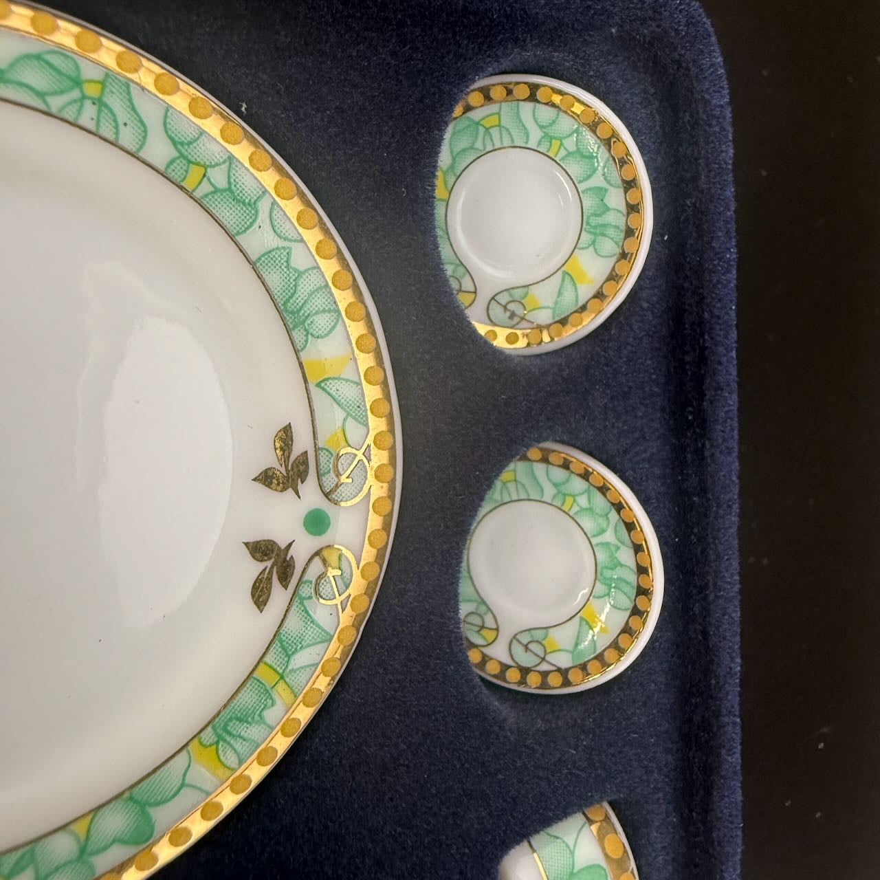 Green with Gold Trim Economical 1:6 Scale Miniature Porcelain Tea Set – Teapot, Large Serving Plate, 2 Cups, Saucers, Sugar Bowl & Creamer