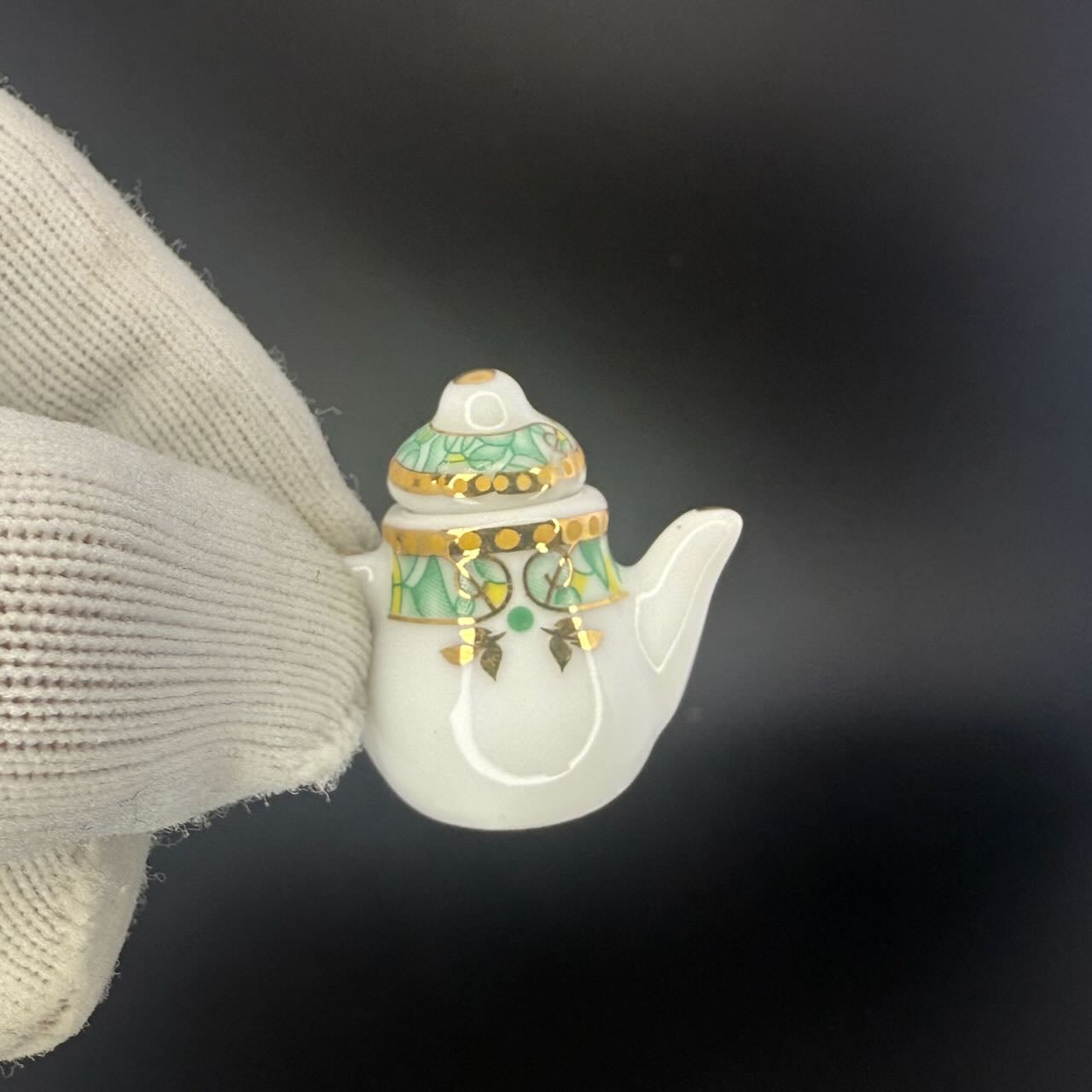 Green with Gold Trim Economical 1:6 Scale Miniature Porcelain Tea Set – Teapot, Large Serving Plate, 2 Cups, Saucers, Sugar Bowl & Creamer