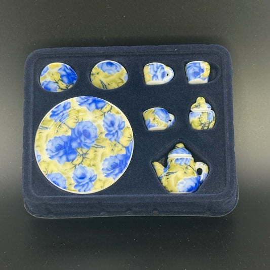 Floral Blue Economical 1:6 Scale Miniature Porcelain Tea Set – Teapot, Large Serving Plate, 2 Cups, Saucers, Sugar Bowl & Creamer