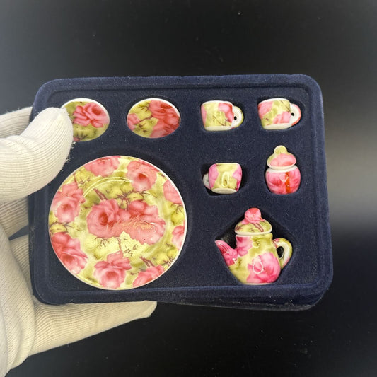 Floral Pink Economical 1:6 Scale Miniature Porcelain Tea Set – Teapot, Large Serving Plate, 2 Cups, Saucers, Sugar Bowl & Creamer