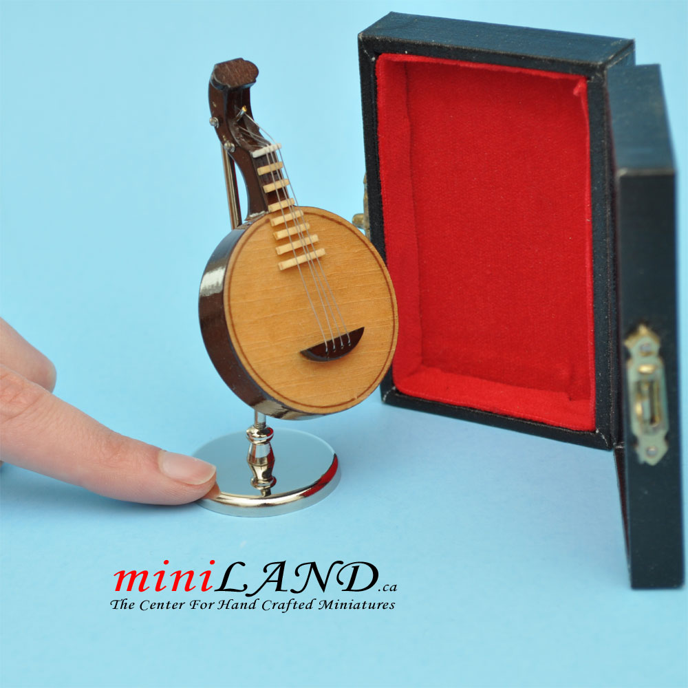 Miniature round lute musical instruments with Case and stand for 1:12 Dollhouse 2-3/4" Long