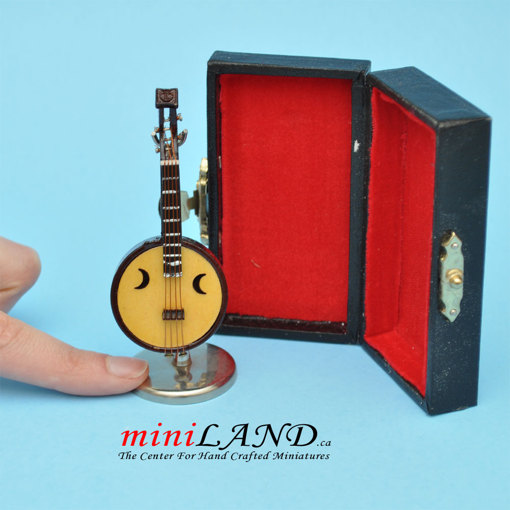 Miniature lute musical instruments with Case and stand for 1:12 Dollhouse 3" Long