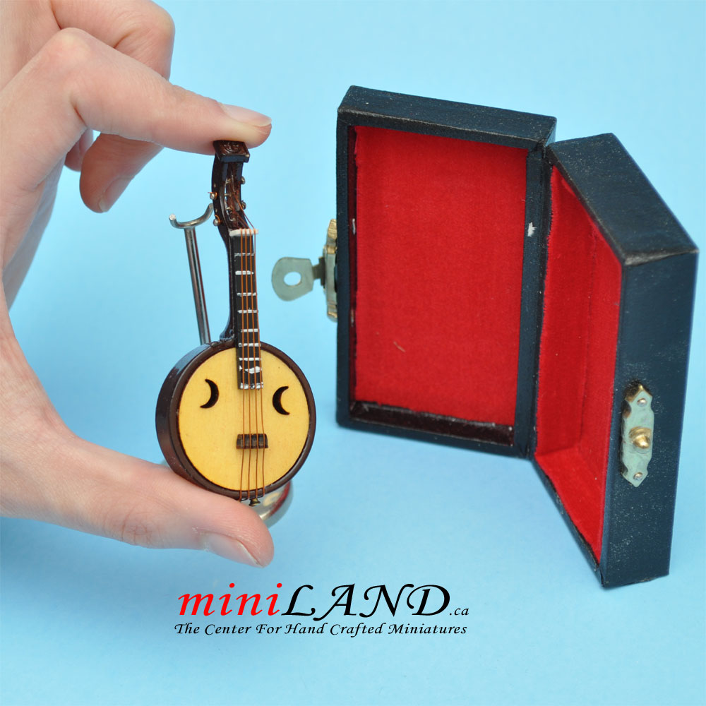 Miniature lute musical instruments with Case and stand for 1:12 Dollhouse 3" Long