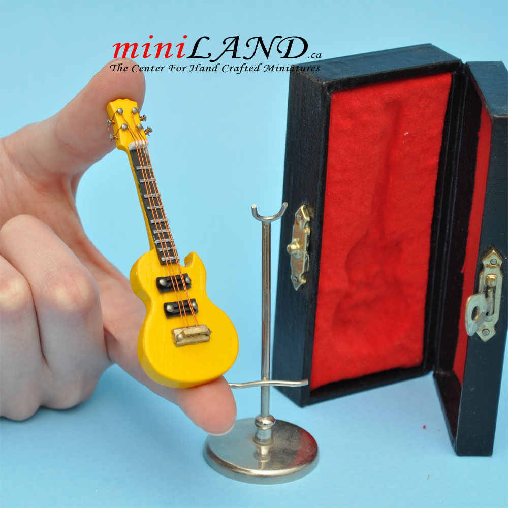Miniature yellow Electric Guitar with Case and stand for Dollhouse 3-1/4" Long