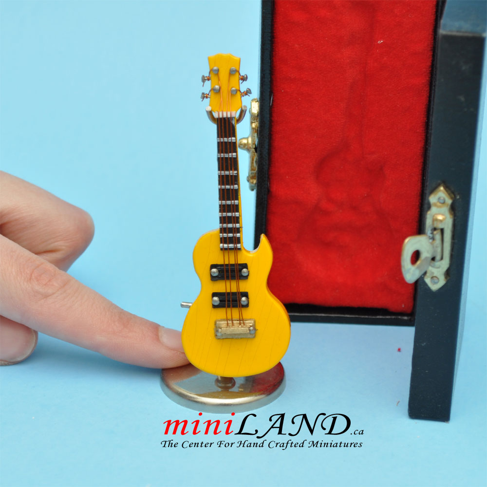 Miniature yellow Electric Guitar with Case and stand for Dollhouse 3-1/4" Long