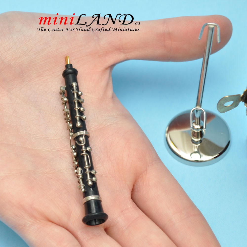 Miniature long Black Oboe musical instruments with Case and stand for 1:12 Dollhouse 2-1/2" Long