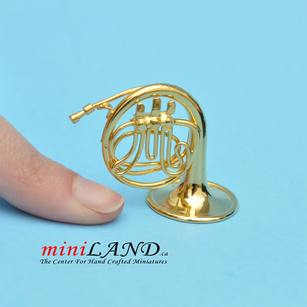 Miniature brass French Horn with Case for Dollhouse 1-1/2" Long