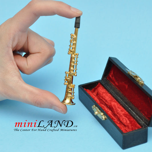 Miniature brass Soprano s saxophone with Case for Dollhouse 3-1/2" Long