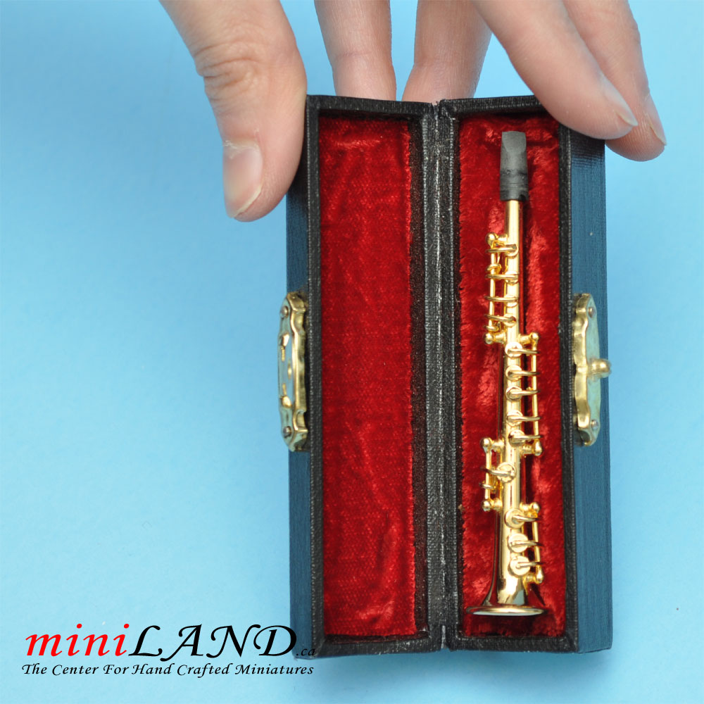 Miniature brass Soprano s saxophone with Case for Dollhouse 3-1/2" Long