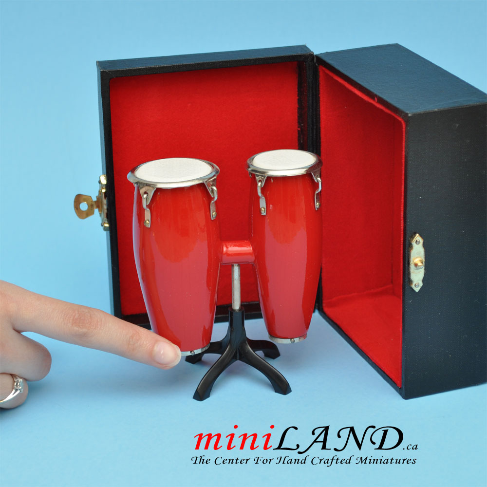 Miniature red drum Conga musical instruments with Case and stand for Dollhouse 3-7/8" tall