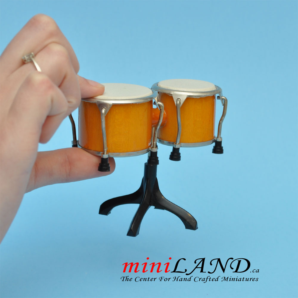 Miniature yellow drum bongo musical instruments with Case and stand for Dollhouse 2-7/8" tall