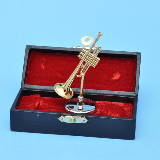 Miniature Brass Trumpet musical instruments on stand with Case for Dollhouse 2-1/2" long
