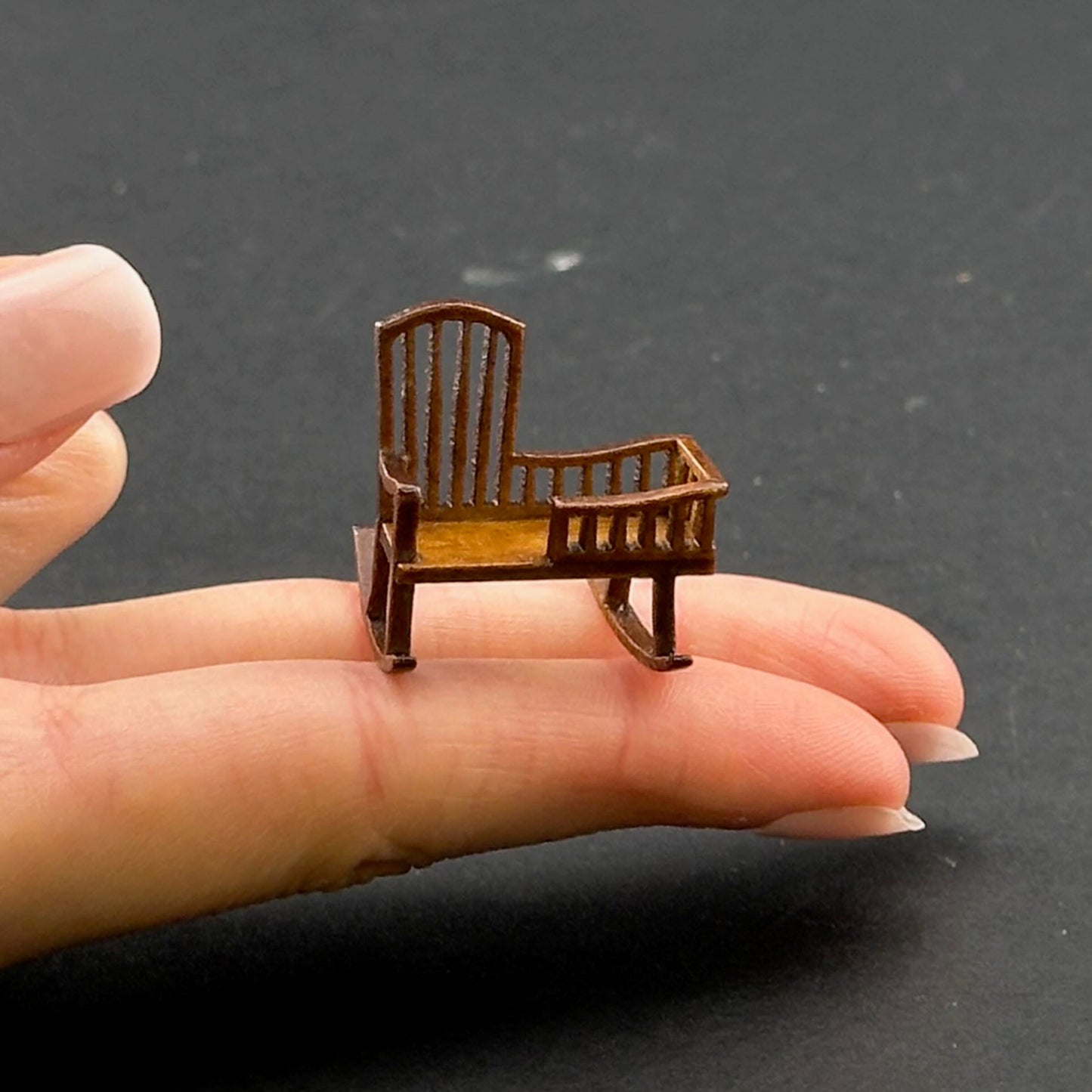 1:48 1/4" quarter scale Miniature Wooden Rocking Crib Chair – Rare Handcrafted Nursery Display Piece