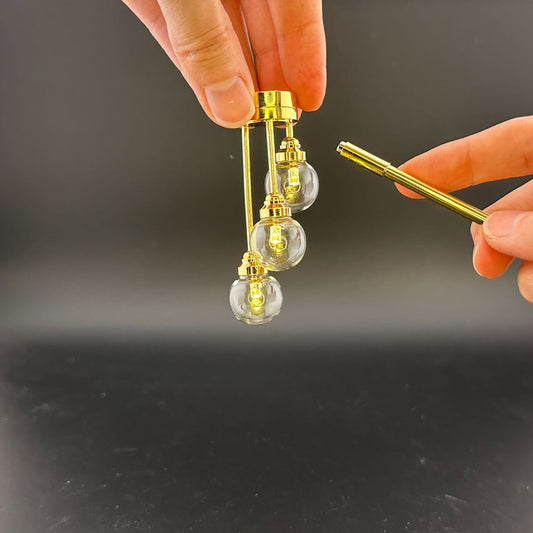 Miniature Brass lamp Touchless operation with wand clear globes 3-arms chandelier LED light 1:12 scale for dollhouse No-touch No-Switch