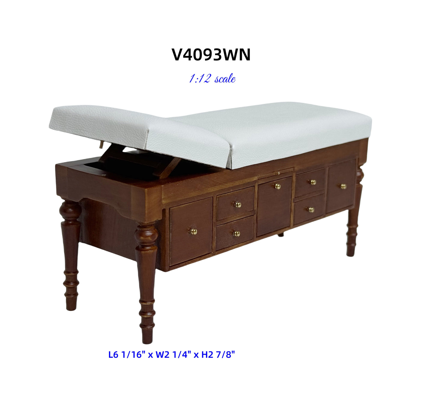 Miniature 1:12 Walnut Doctor’s Exam Couch – Adjustable Headrest, Storage Drawers, White Leather – Dollhouse Medical Furniture