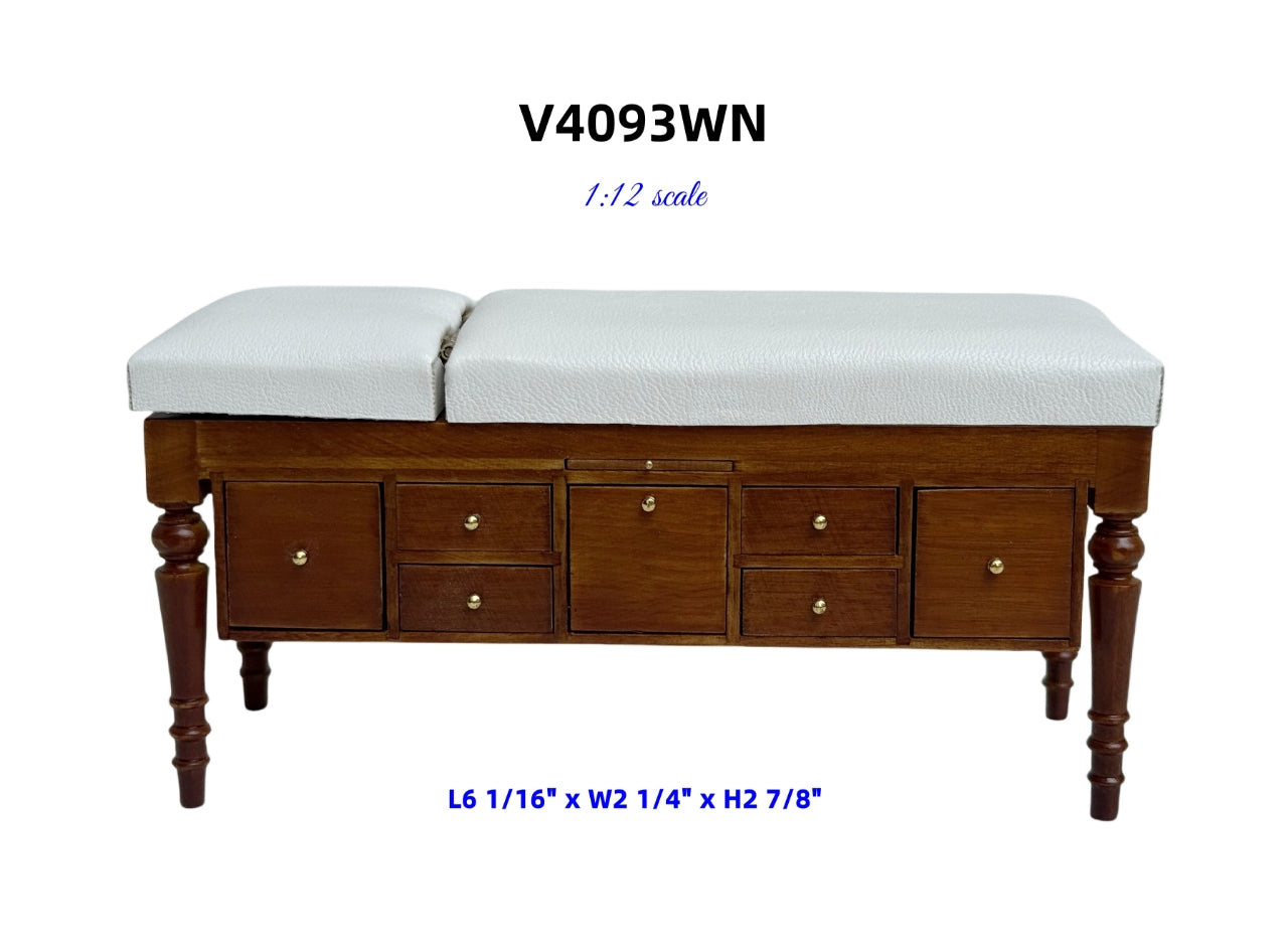 Miniature 1:12 Walnut Doctor’s Exam Couch – Adjustable Headrest, Storage Drawers, White Leather – Dollhouse Medical Furniture