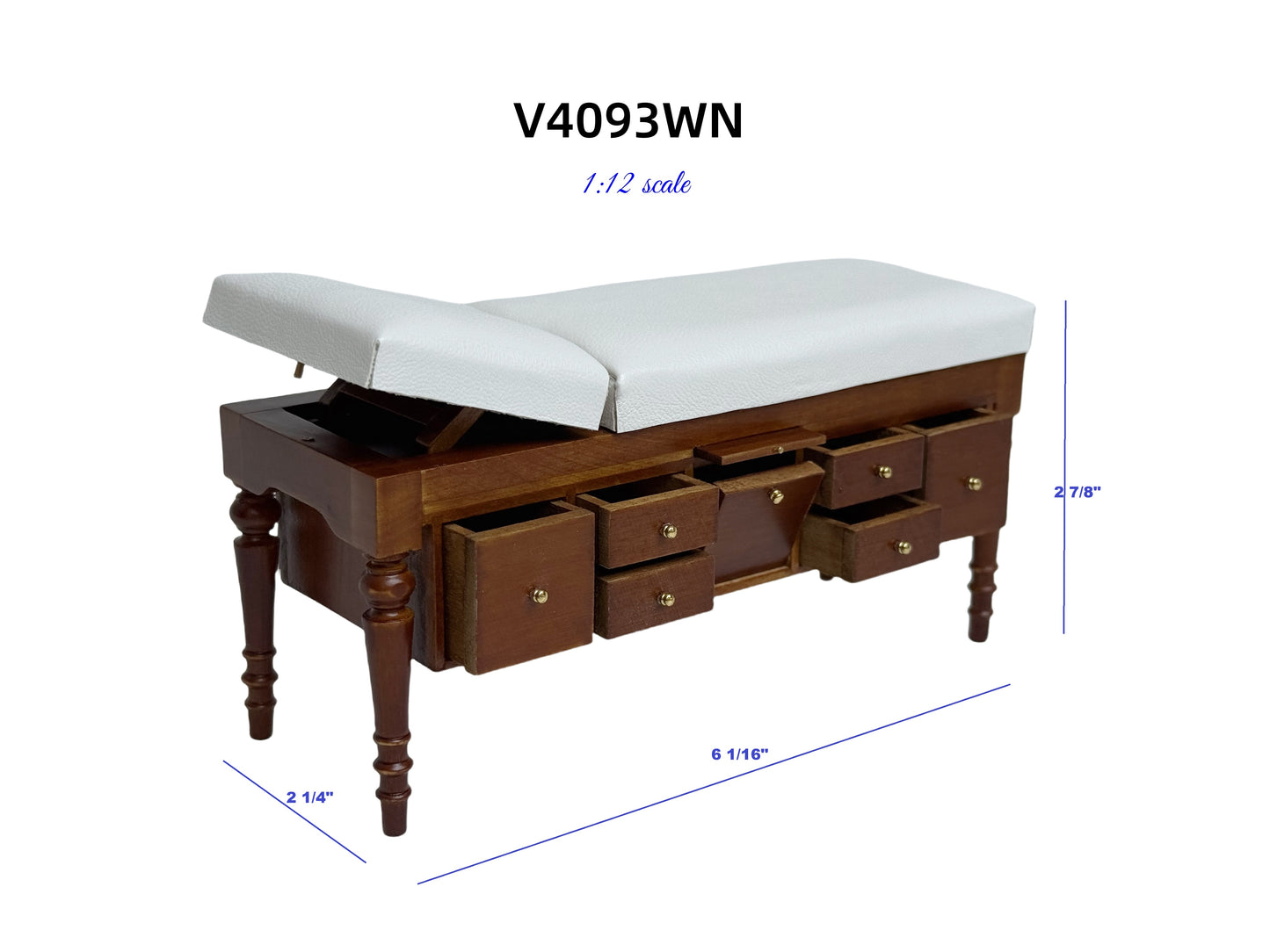Miniature 1:12 Walnut Doctor’s Exam Couch – Adjustable Headrest, Storage Drawers, White Leather – Dollhouse Medical Furniture