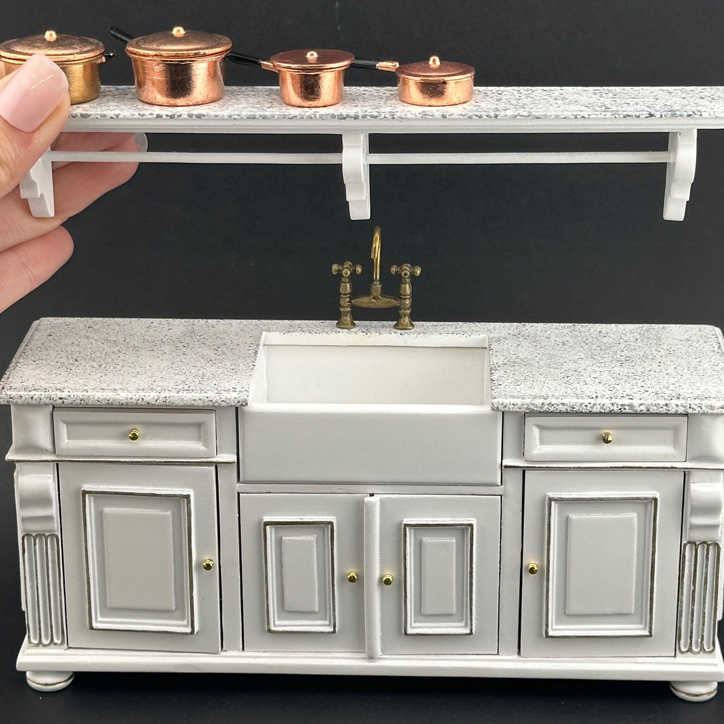 Snow White with gold trimming Victorian quality Kitchen sink unit counter with shelf metal sink top 1:12 dollhouse miniature V4067 PW (Copy)