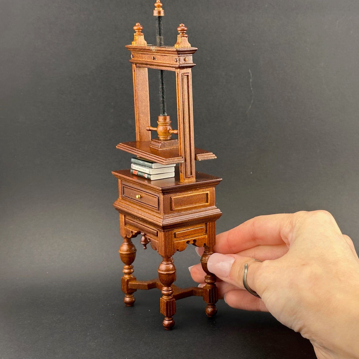 Miniature bookbinding press / blanket press in 1:12 scale walnut wood with metal screw books press
