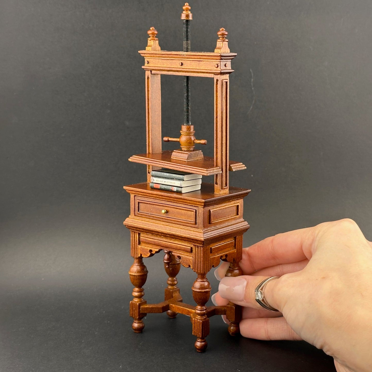 Miniature bookbinding press / blanket press in 1:12 scale walnut wood with metal screw books press