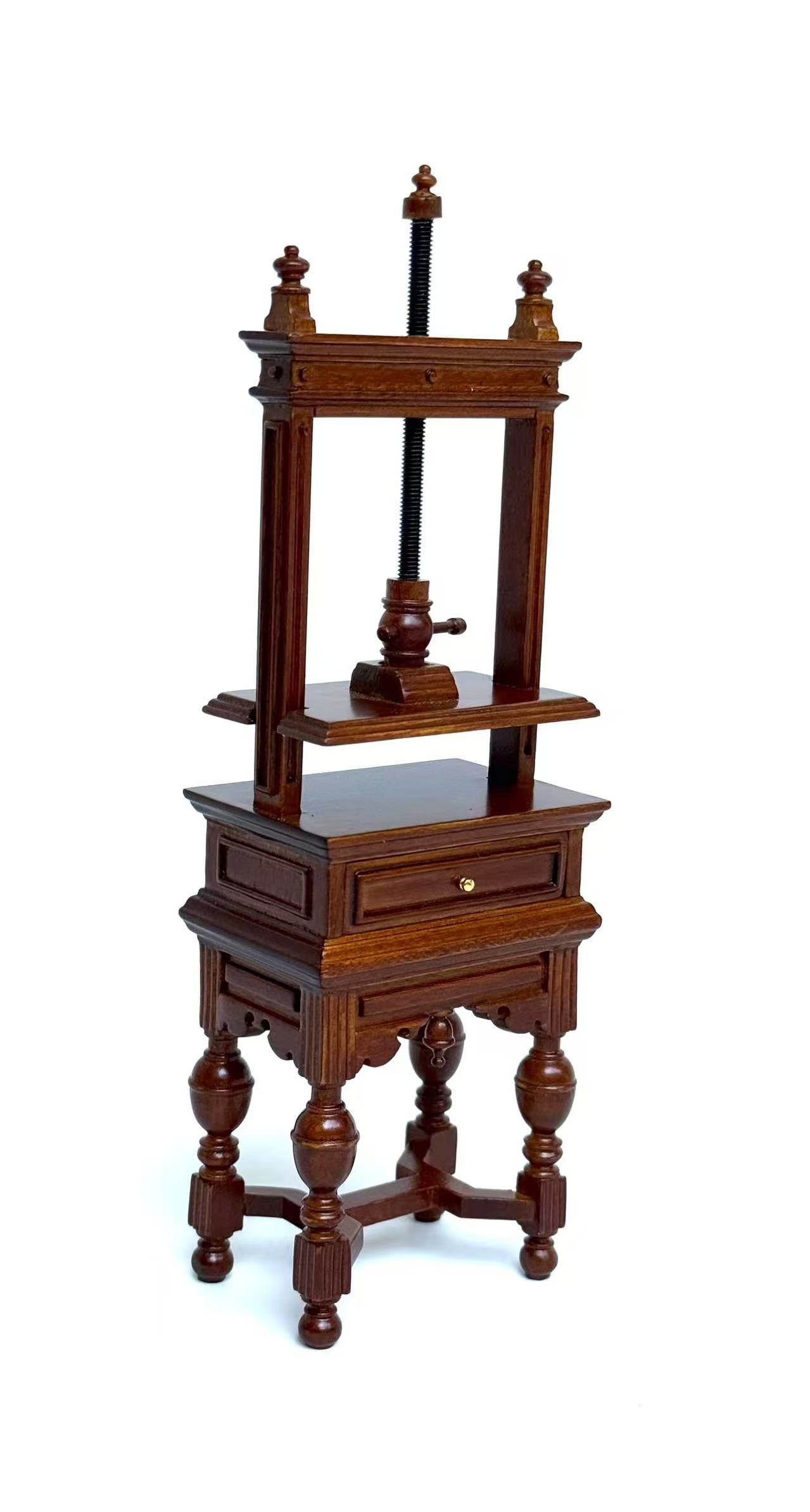 Miniature bookbinding press / blanket press in 1:12 scale walnut wood with metal screw books press