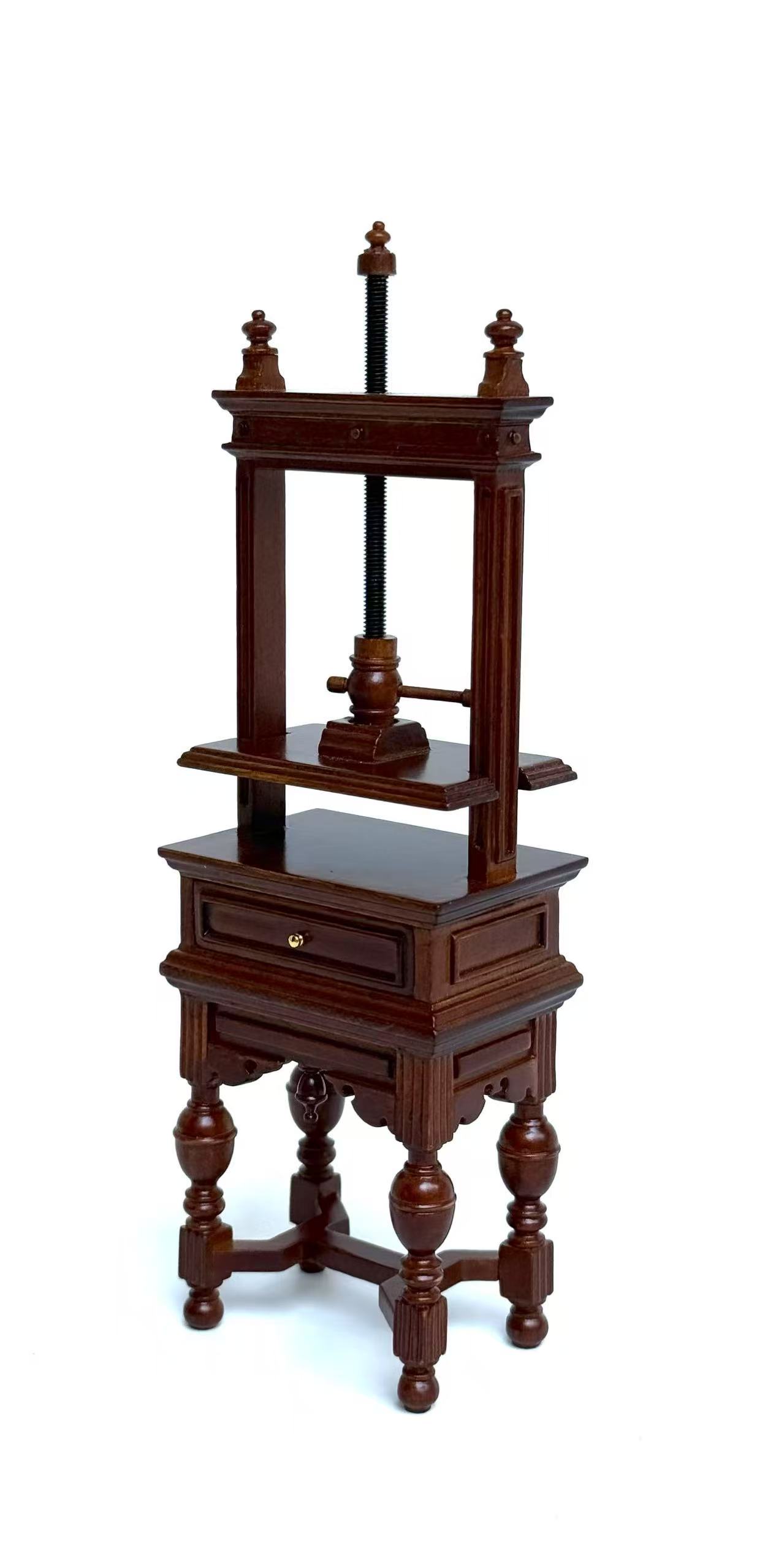 Miniature bookbinding press / blanket press in 1:12 scale walnut wood with metal screw books press