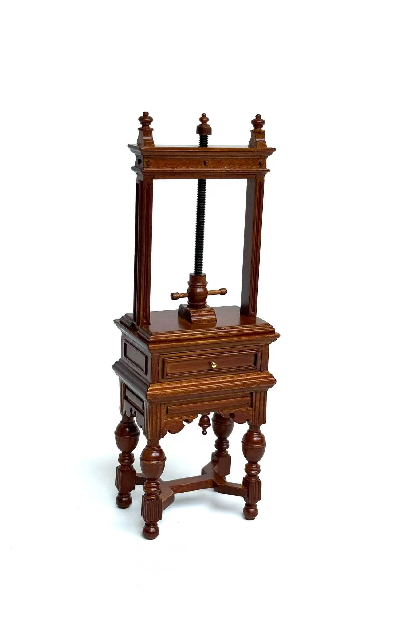 Miniature bookbinding press / blanket press in 1:12 scale walnut wood with metal screw books press