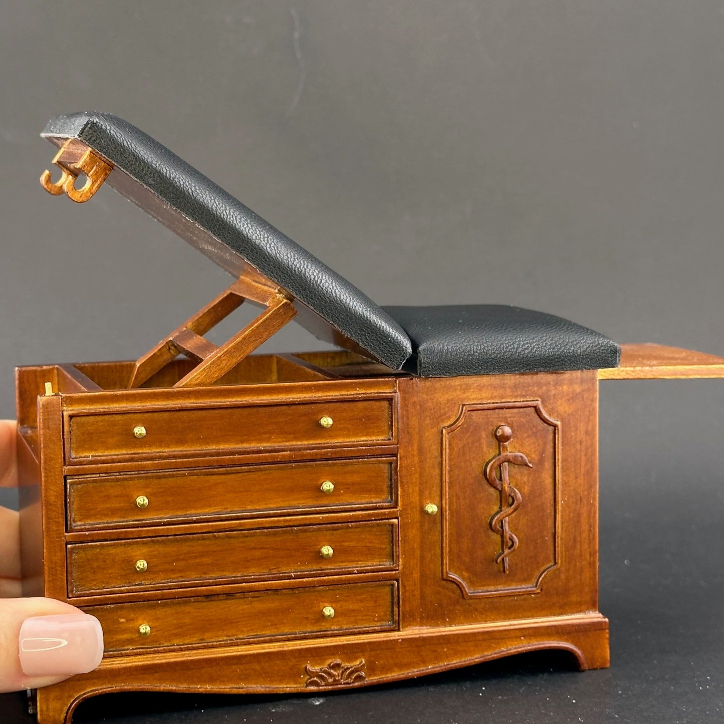 Walnut Miniature 1:12 Scale Doctor’s Exam Bed – A Wooden Medical Table with Drawers, Adjustable Backrest, Stirrups, and Hidden Step Stool