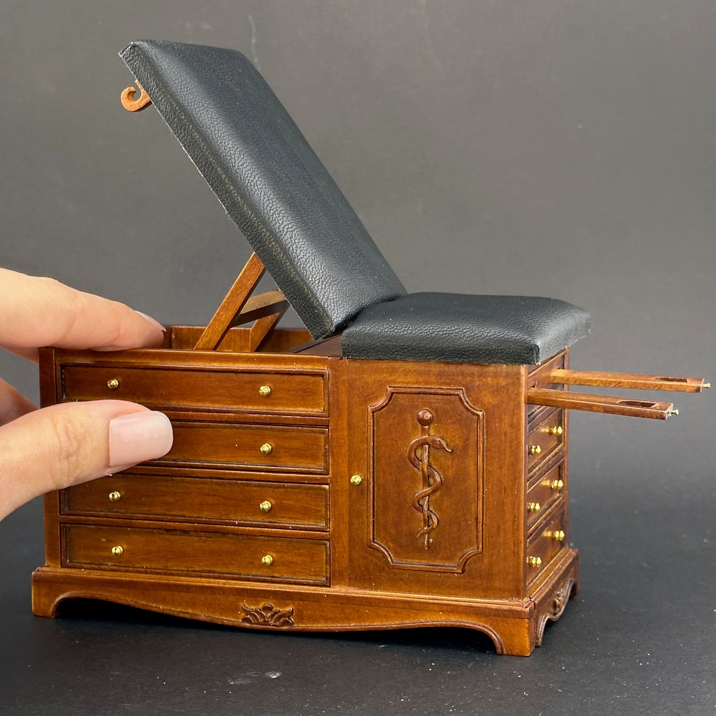 Walnut Miniature 1:12 Scale Doctor’s Exam Bed – A Wooden Medical Table with Drawers, Adjustable Backrest, Stirrups, and Hidden Step Stool