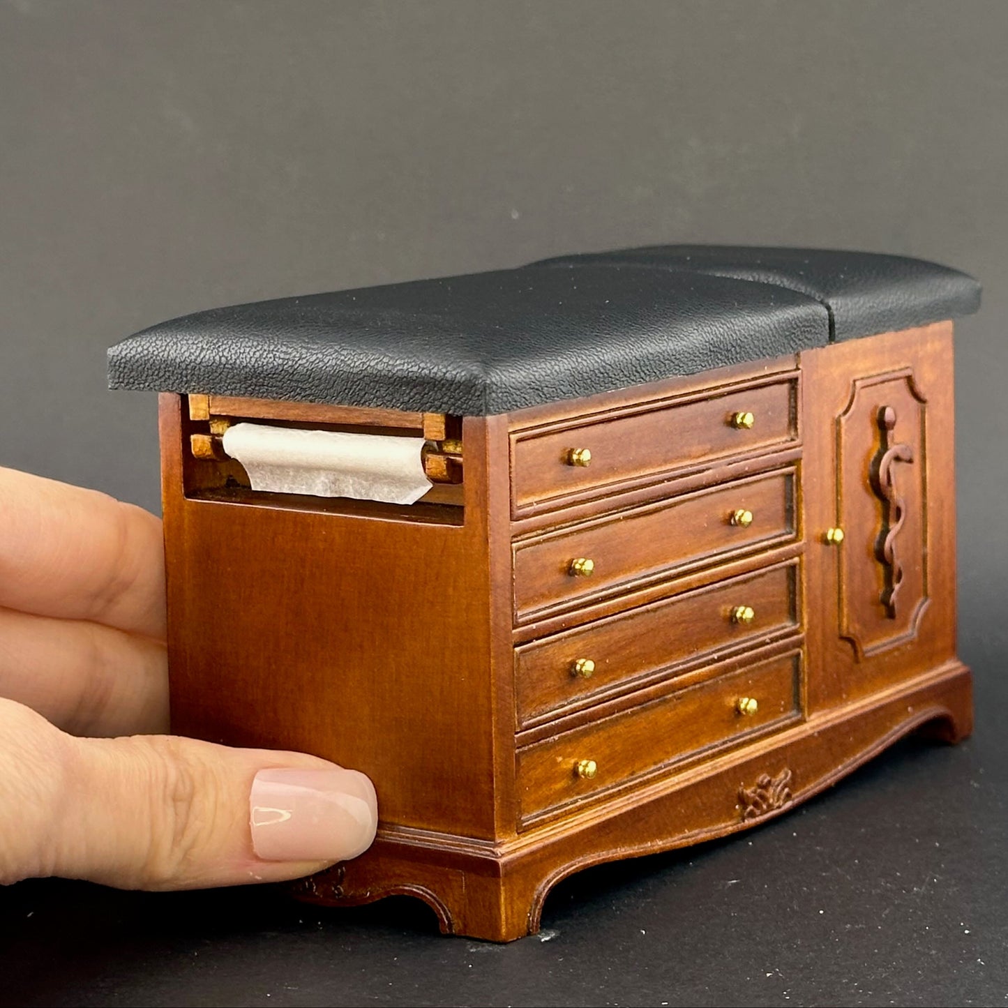 Walnut Miniature 1:12 Scale Doctor’s Exam Bed – A Wooden Medical Table with Drawers, Adjustable Backrest, Stirrups, and Hidden Step Stool