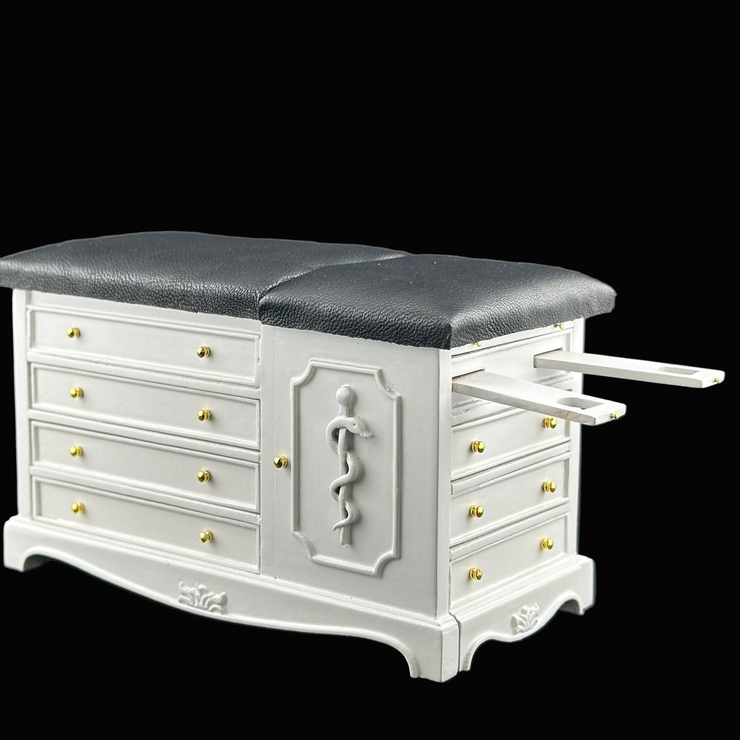 White Miniature 1:12 scale Doctor’s Exam Bed – Wooden Medical Table with Drawers, Adjustable Backrest, stirrups & Hidden Step Stool