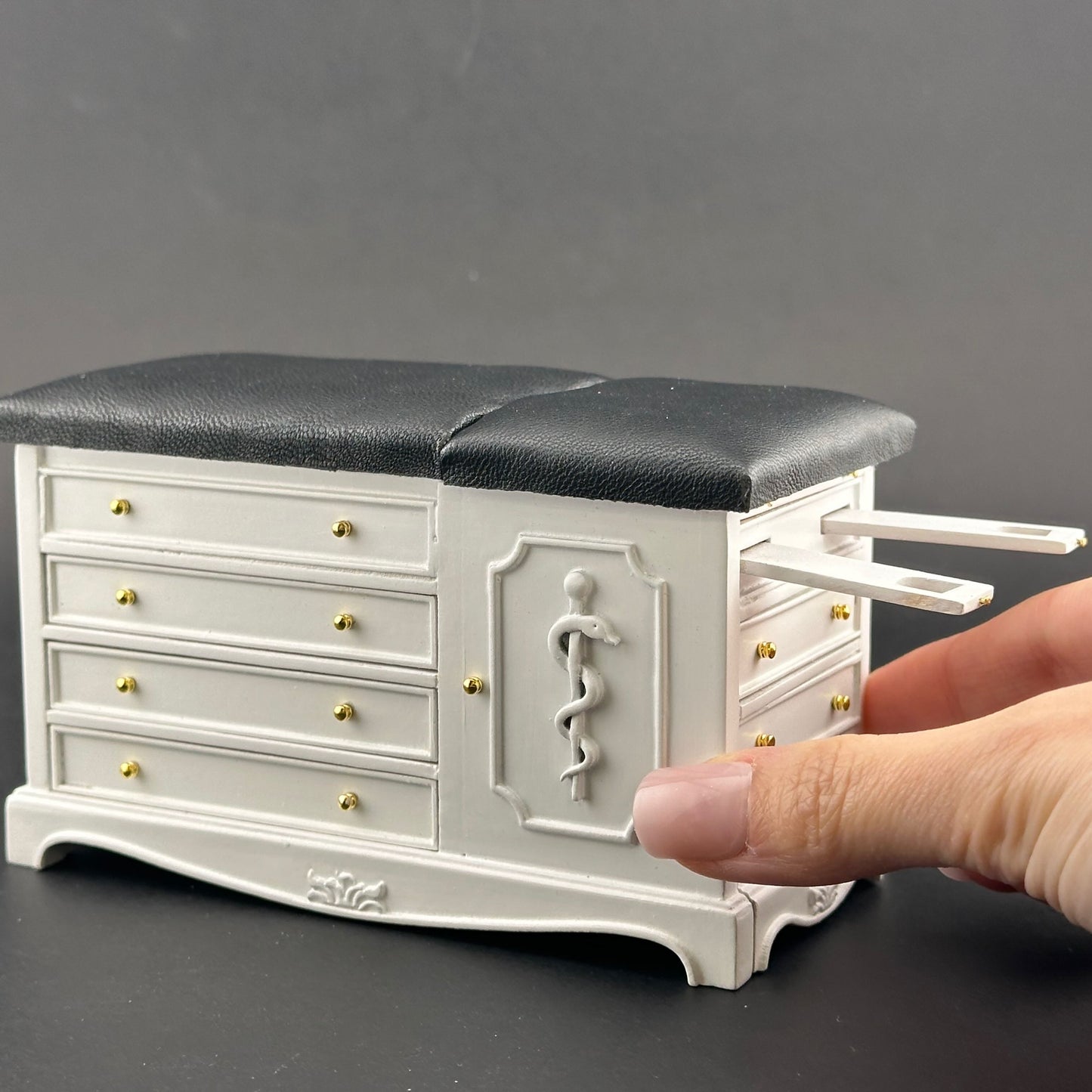 White Miniature 1:12 scale Doctor’s Exam Bed – Wooden Medical Table with Drawers, Adjustable Backrest, stirrups & Hidden Step Stool