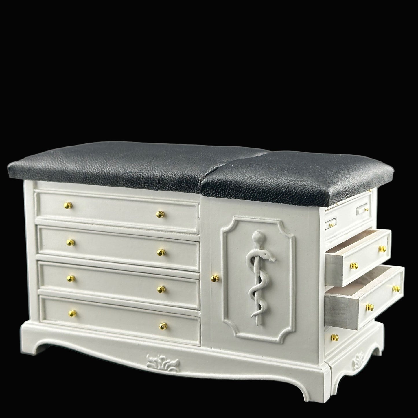 White Miniature 1:12 scale Doctor’s Exam Bed – Wooden Medical Table with Drawers, Adjustable Backrest, stirrups & Hidden Step Stool