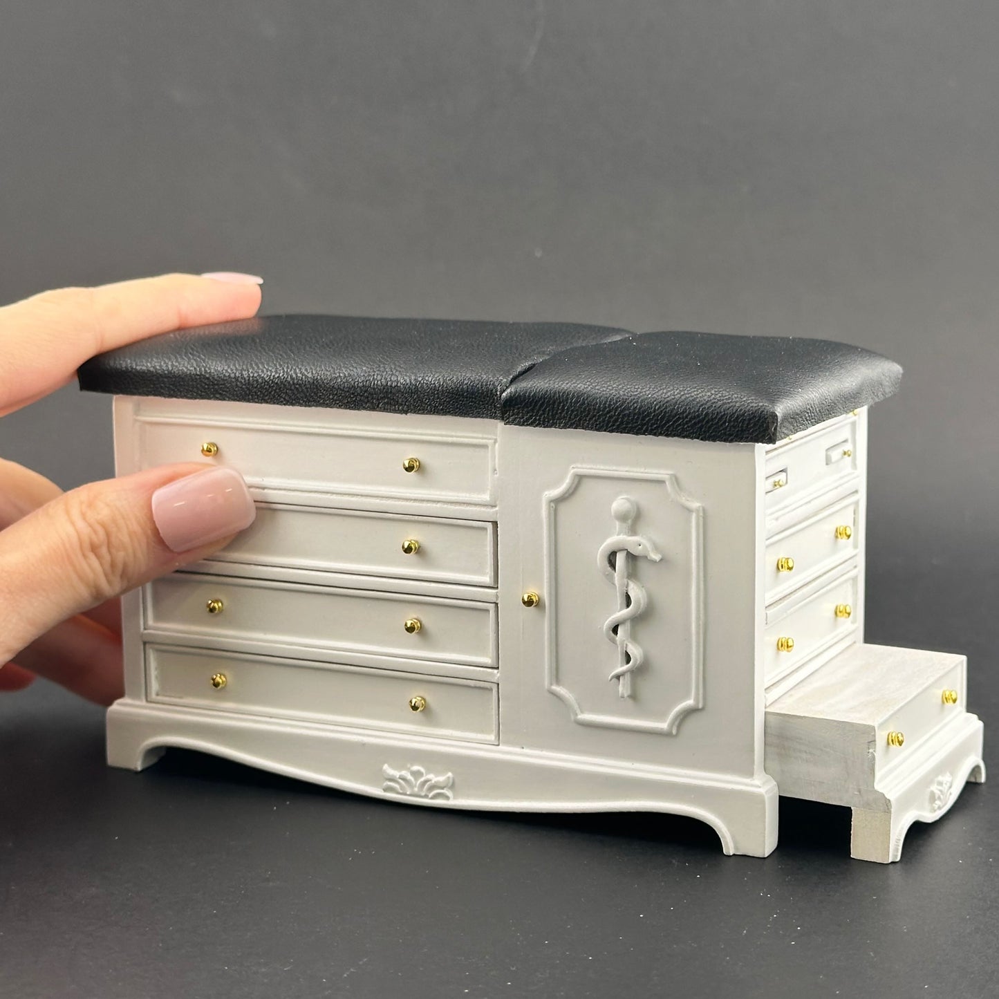 White Miniature 1:12 scale Doctor’s Exam Bed – Wooden Medical Table with Drawers, Adjustable Backrest, stirrups & Hidden Step Stool
