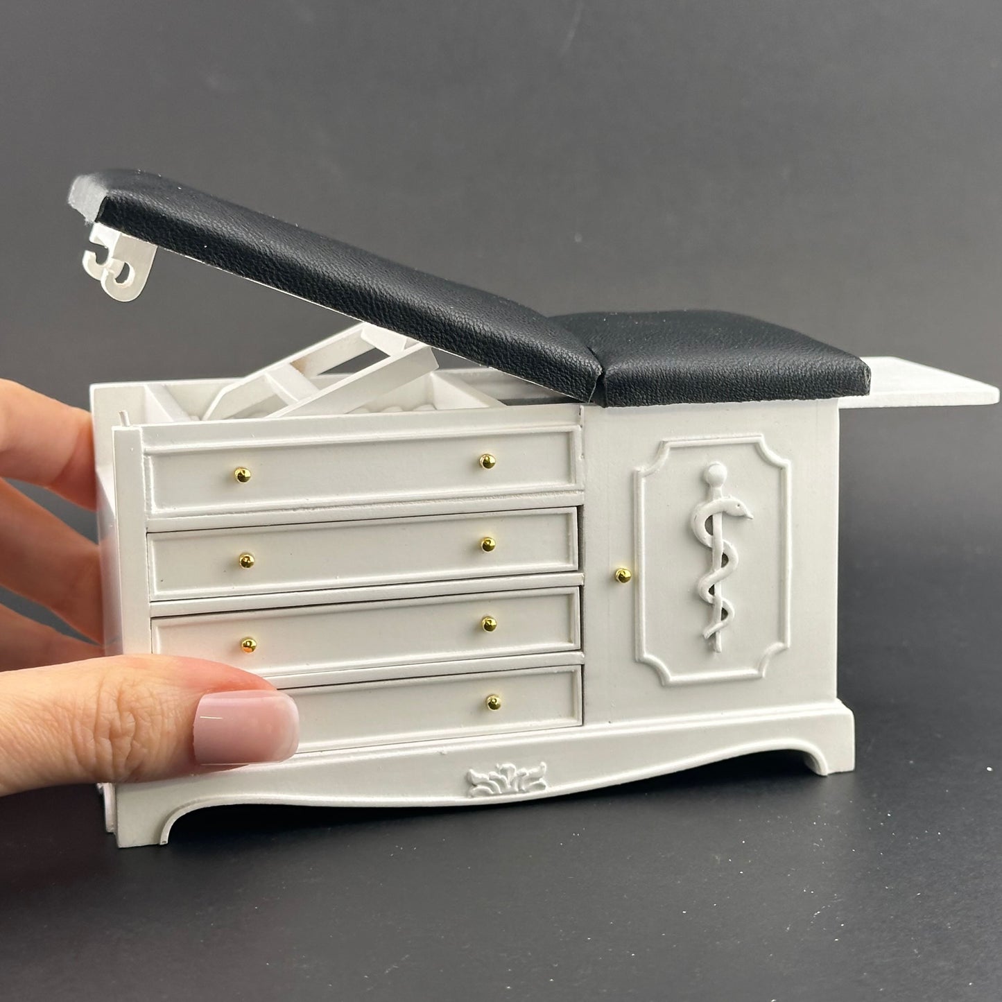 White Miniature 1:12 scale Doctor’s Exam Bed – Wooden Medical Table with Drawers, Adjustable Backrest, stirrups & Hidden Step Stool