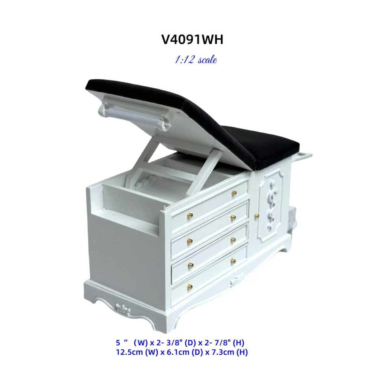 White Miniature 1:12 scale Doctor’s Exam Bed – Wooden Medical Table with Drawers, Adjustable Backrest, stirrups & Hidden Step Stool