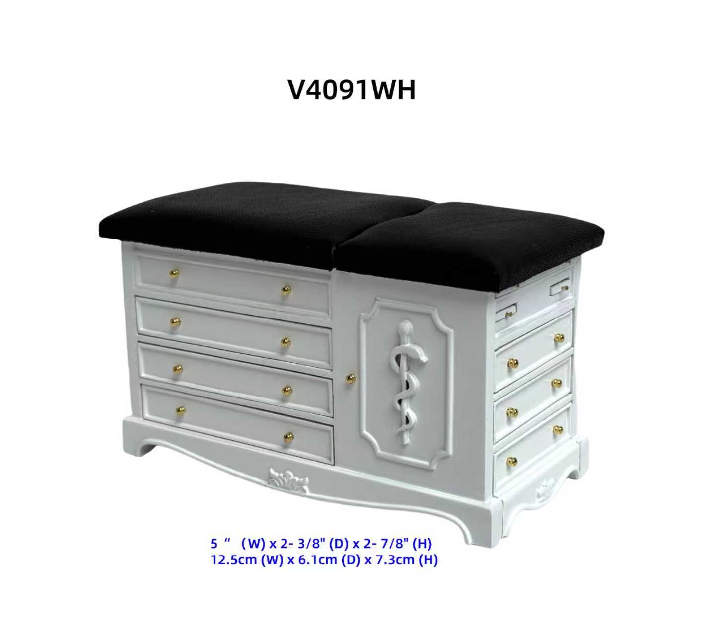 White Miniature 1:12 scale Doctor’s Exam Bed – Wooden Medical Table with Drawers, Adjustable Backrest, stirrups & Hidden Step Stool