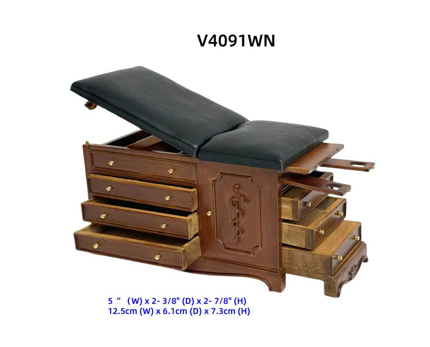 Walnut Miniature 1:12 Sxale Doctor’s Exam Bed – Wooden Medical Table with Drawers, Adjustable Backrest, stirrups & Hidden Step Stool