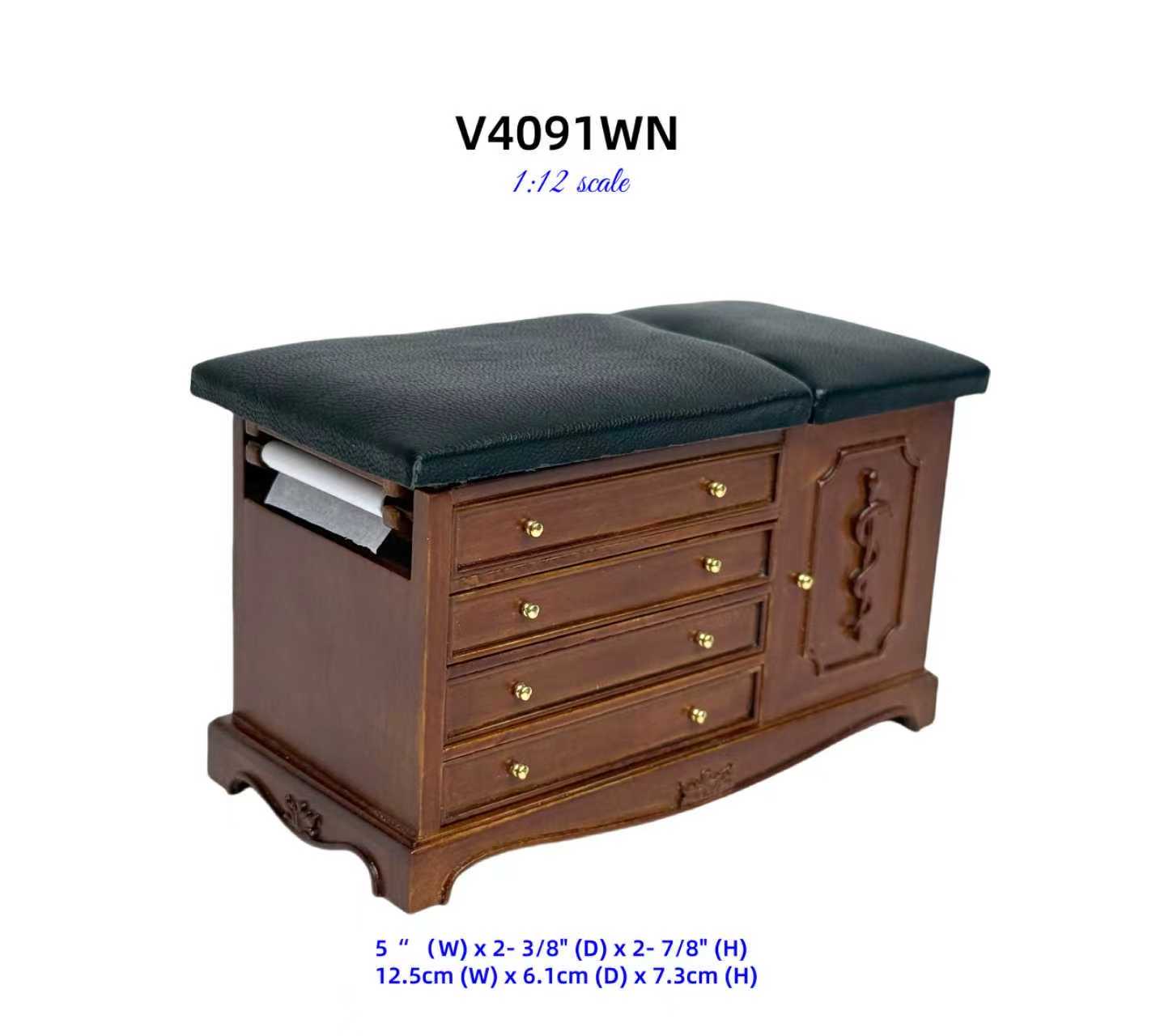 Walnut Miniature 1:12 Sxale Doctor’s Exam Bed – Wooden Medical Table with Drawers, Adjustable Backrest, stirrups & Hidden Step Stool