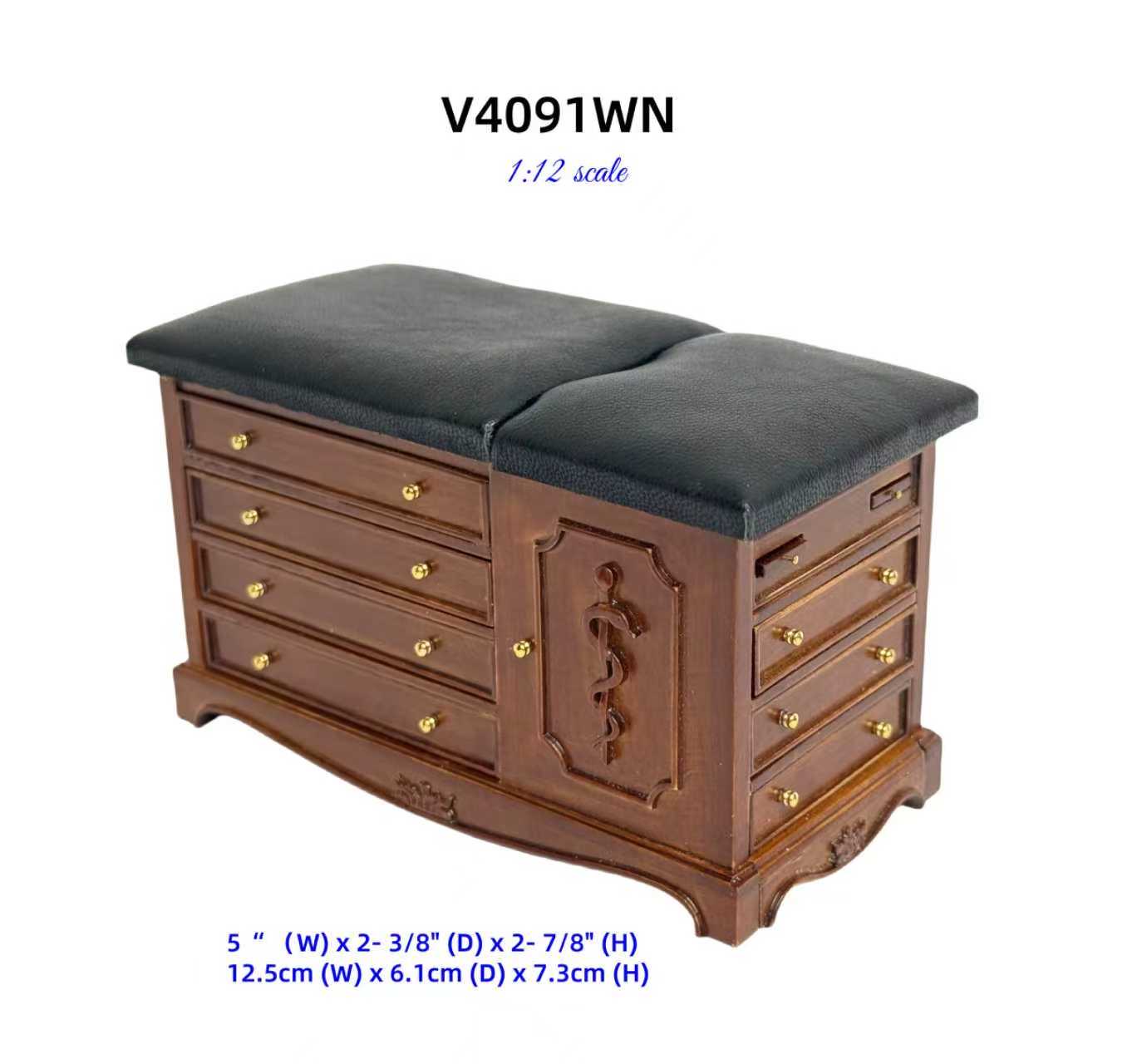Walnut Miniature 1:12 Scale Doctor’s Exam Bed – A Wooden Medical Table with Drawers, Adjustable Backrest, Stirrups, and Hidden Step Stool
