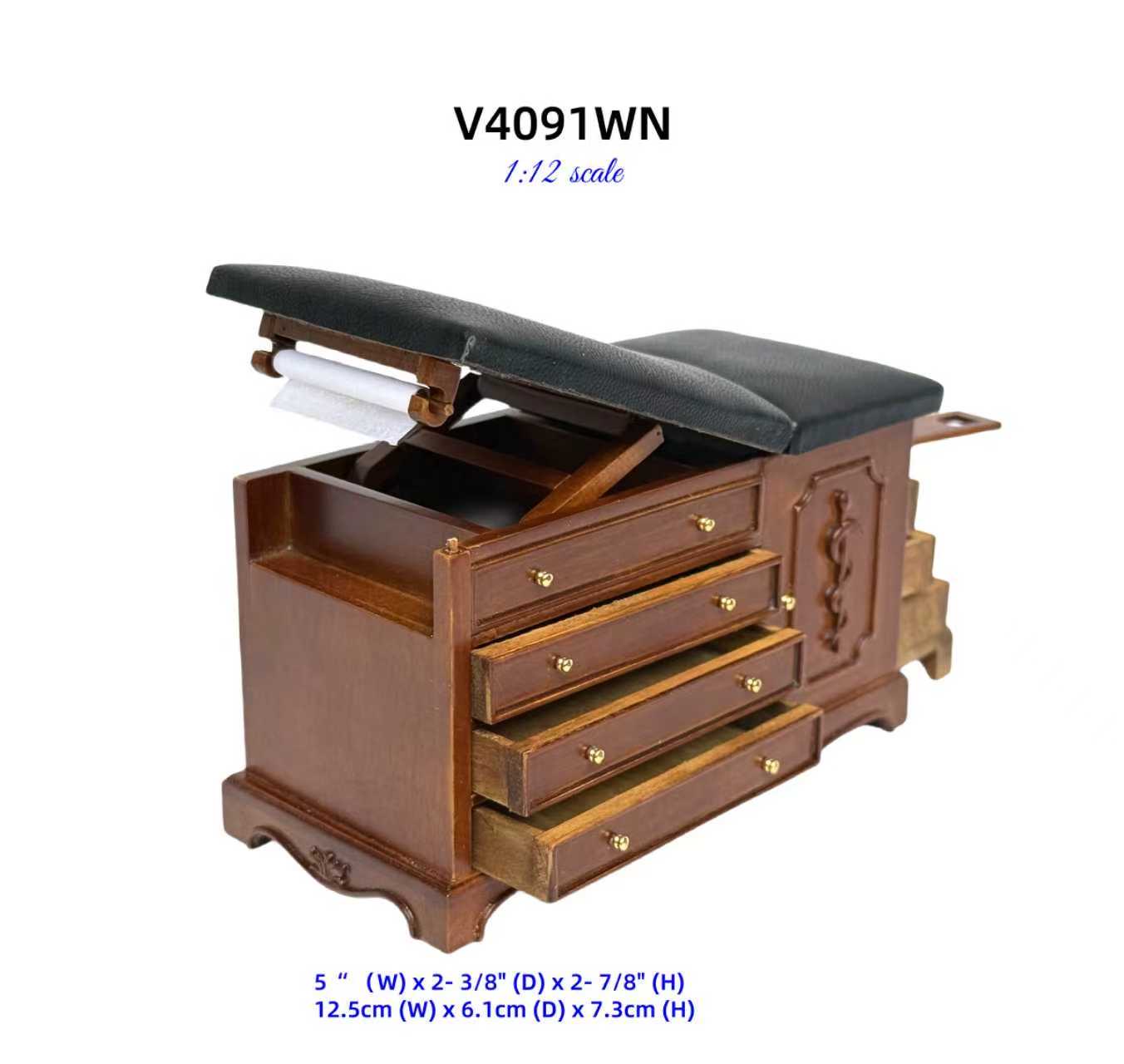 Walnut Miniature 1:12 Scale Doctor’s Exam Bed – A Wooden Medical Table with Drawers, Adjustable Backrest, Stirrups, and Hidden Step Stool