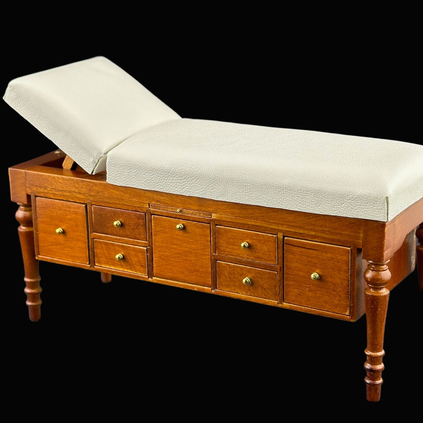 Miniature 1:12 Walnut Doctor’s Exam Couch – Adjustable Headrest, Storage Drawers, White Leather – Dollhouse Medical Furniture