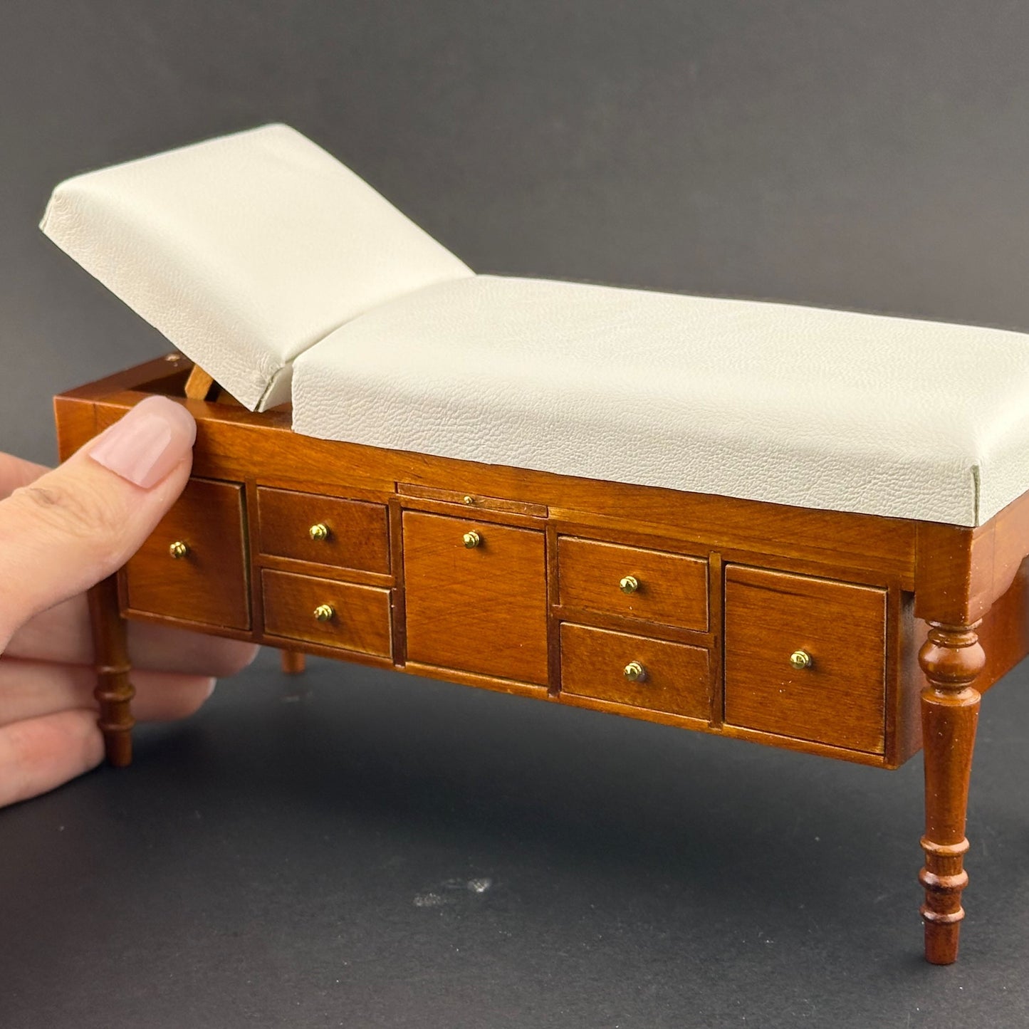 Miniature 1:12 Walnut Doctor’s Exam Couch – Adjustable Headrest, Storage Drawers, White Leather – Dollhouse Medical Furniture