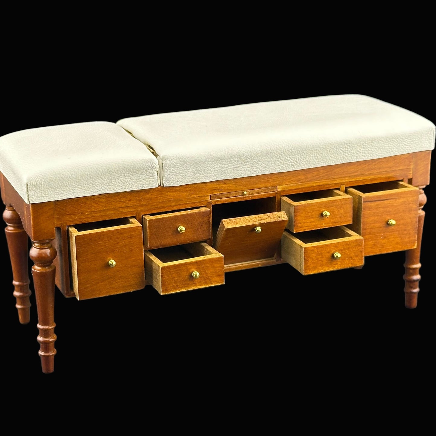 Miniature 1:12 Walnut Doctor’s Exam Couch – Adjustable Headrest, Storage Drawers, White Leather – Dollhouse Medical Furniture