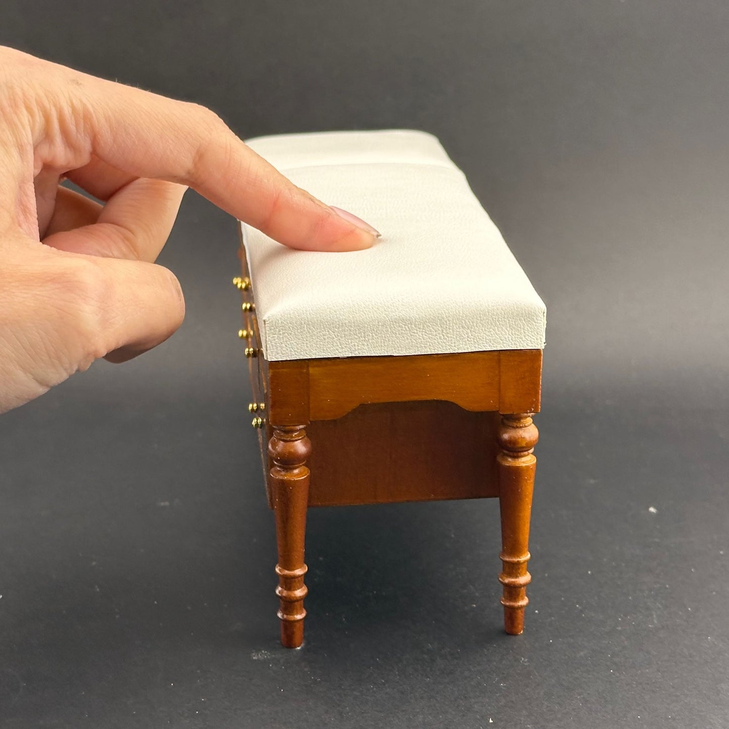 Miniature 1:12 Walnut Doctor’s Exam Couch – Adjustable Headrest, Storage Drawers, White Leather – Dollhouse Medical Furniture