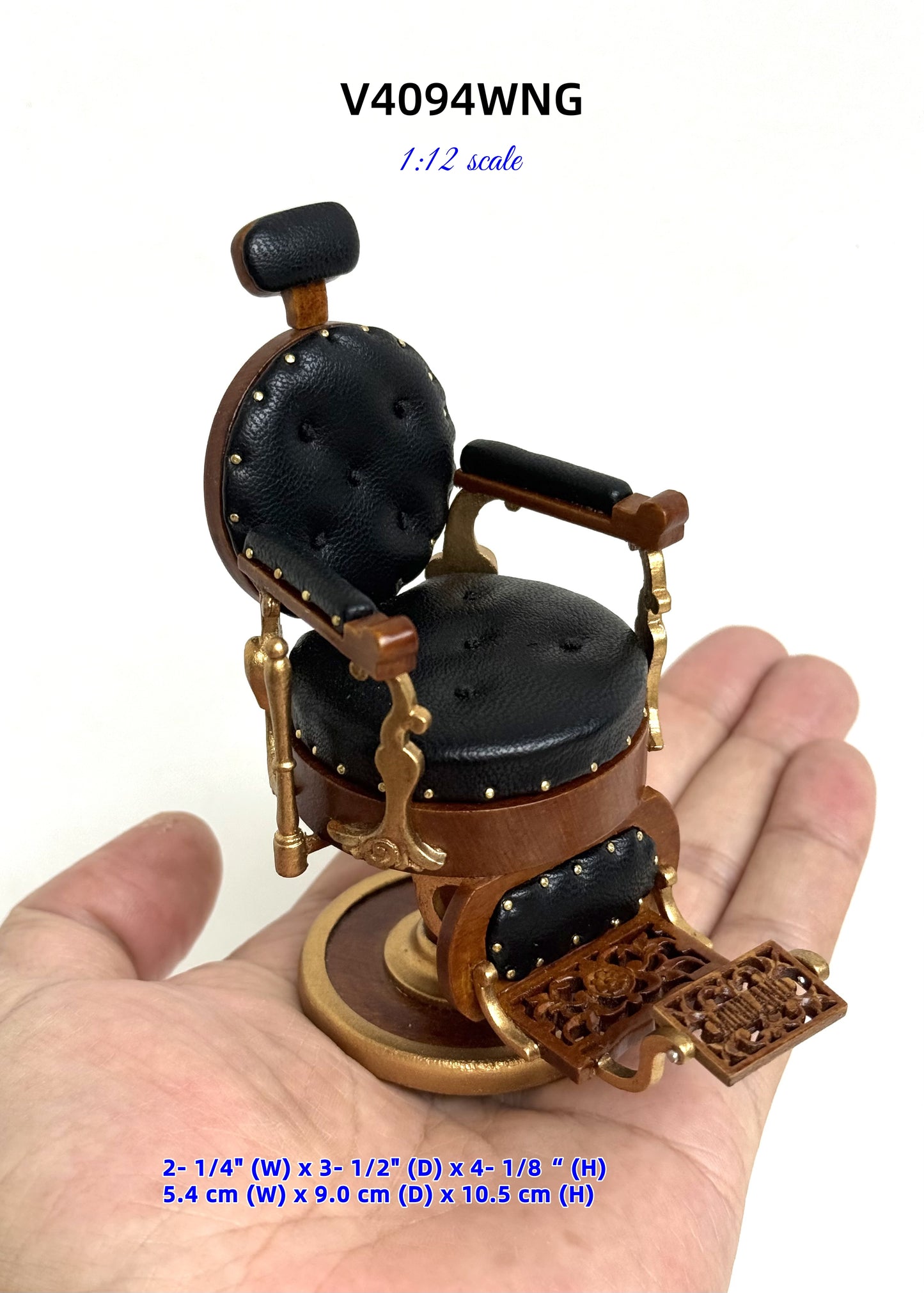 Miniature Elegant barber chair, 1:12 scale for dollhouses, with leather upholstery and round seats. Excellent quality.