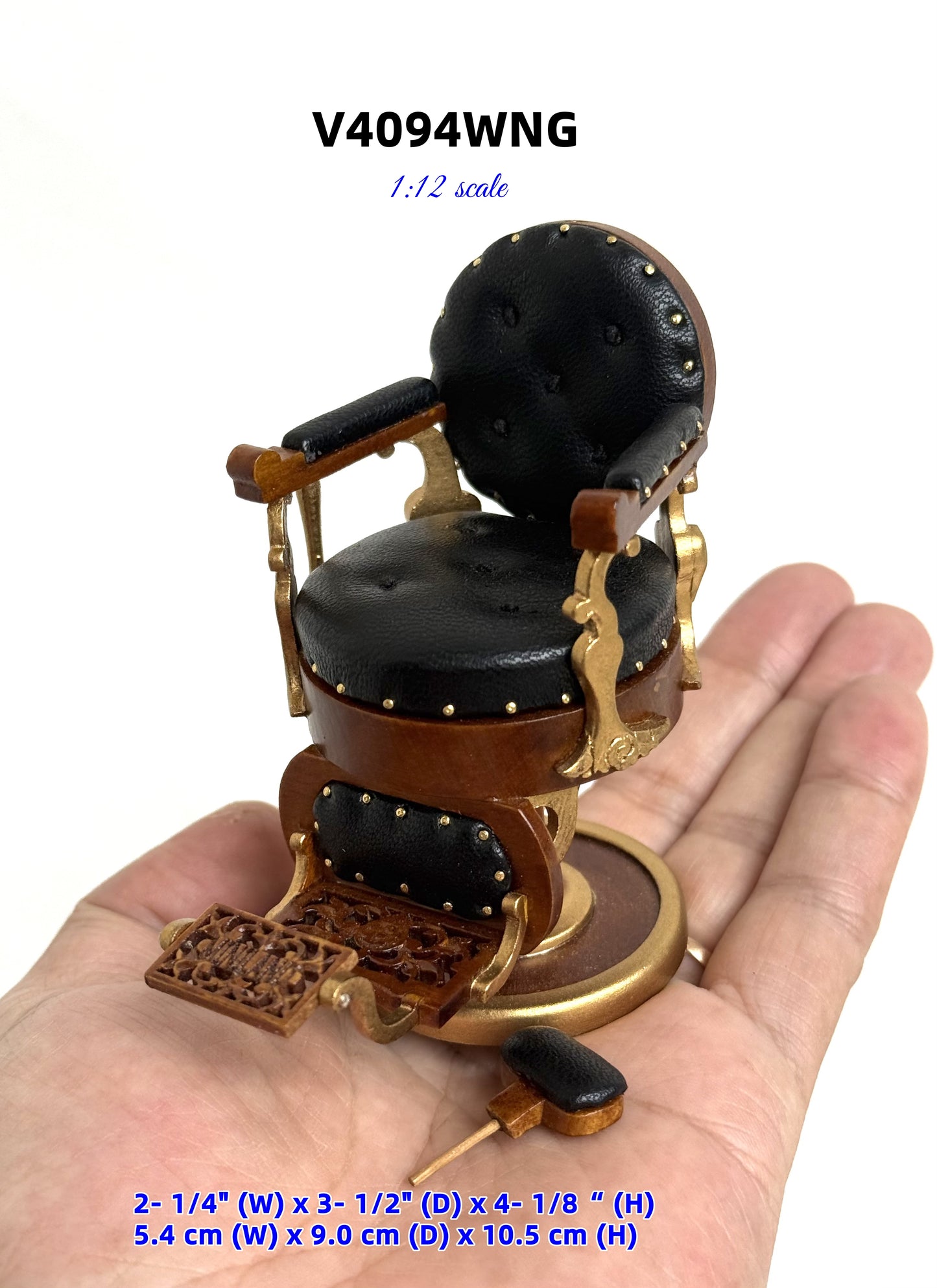 Miniature Elegant barber chair, 1:12 scale for dollhouses, with leather upholstery and round seats. Excellent quality.