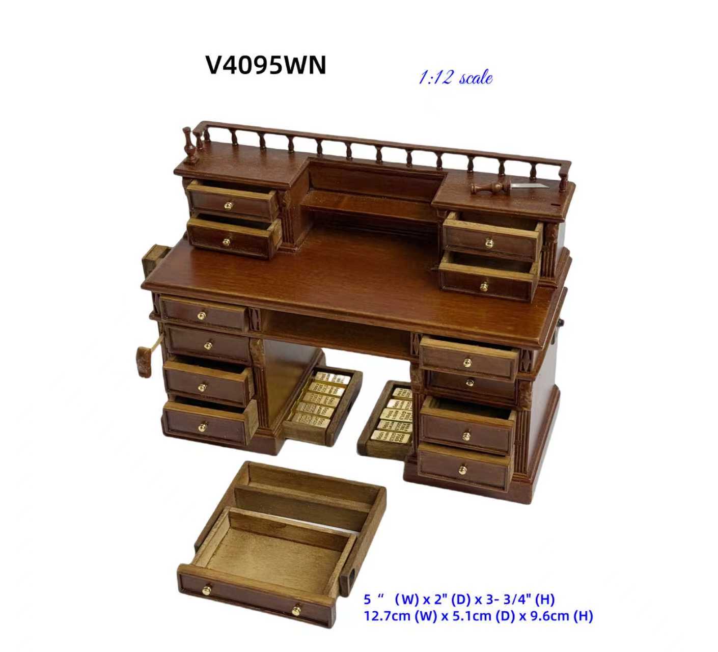 Miniature 1:12 Victorian Desk & Chair Set with Secret Drawers, Gold Bars, Hidden Compartments & Accessories – English 1860 Style